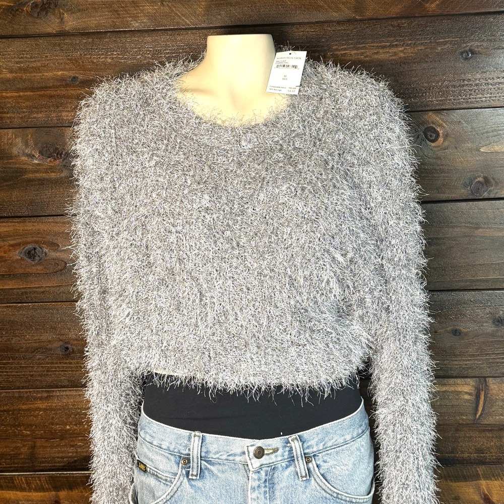 Endless Rose Women's Furry Sweater Round Neck Bell Sleeve Cropped Size Medium - Picture 2 of 11